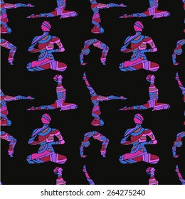 Yoga poses. Seamless pattern of colorful women silhouettes.