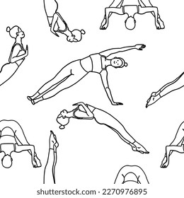 Yoga poses seamless pattern. Female, lady, woman, girl. Meditation, pilates, mental health, training, texture. Vector illustration in outline cartoon flat style isolated on white background.