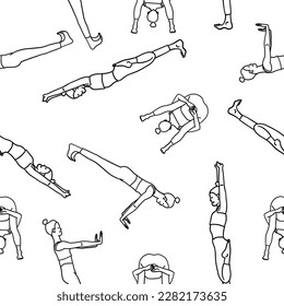 Yoga poses seamless pattern. Female, lady, woman, girl. Meditation, pilates, mental health, training, texture. Vector illustration in outline cartoon flat style isolated on white background.