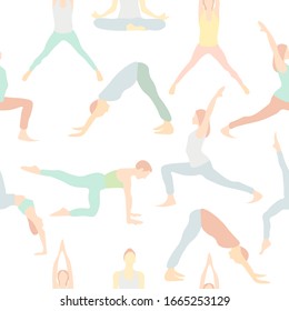 Yoga poses seamless pattern on transparent background. Repetitive vector illustration of various yoga poses. EPS 10.