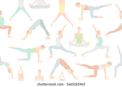 Yoga zeigt ein nahtloses Muster auf transparentem Hintergrund. Wiederholte Vektorillustration Illustration von verschiedenen Yoga Posen. EPS10.