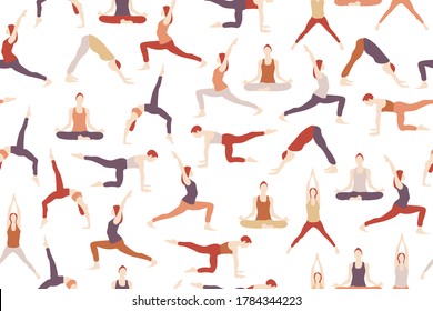 Yoga poses seamless pattern on transparent background. Repetitive vector illustration of various yoga poses. EPS 10.