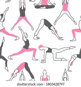 El yoga presenta un patrón impecable en un fondo transparente. Repetitiva ilustración vectorial de varias poses de yoga. EPS 10.