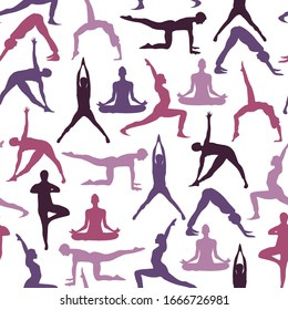 Yoga poses seamless pattern. Repetitive vector illustration on transparent background. EPS 10.