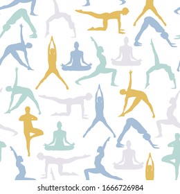 Yoga poses seamless pattern. Repetitive vector illustration on transparent background. EPS 10.