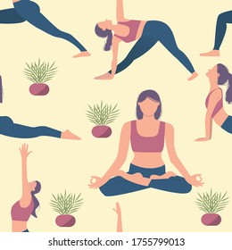 Yoga poses seamless pattern. Repetitive vector illustration on transparent background. International day of yoga. EPS 10.