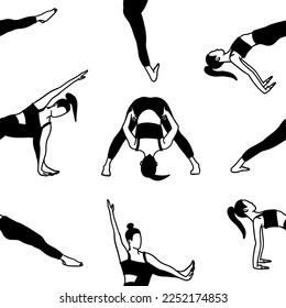 Yoga poses seamless pattern wallpaper. Black and white. Female woman girl. Vector illustration in flat style isolated on white background.