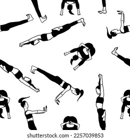 Yoga poses seamless pattern wallpaper. Black and white. Female woman girl. Vector illustration in flat style isolated on white background.