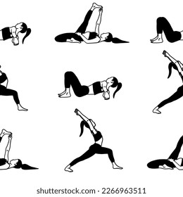 Yoga poses seamless pattern wallpaper. Black and white. Female woman girl. Vector illustration in flat style isolated on white background.