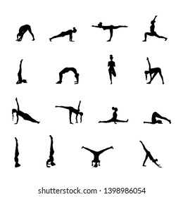 yoga poses set. black silhouette on white background. vector illustration