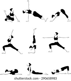 Yoga Poses Set, Black and White
