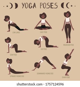 Yoga poses set. Collection of afro women or girl doing yoga. Flat style vector illustration