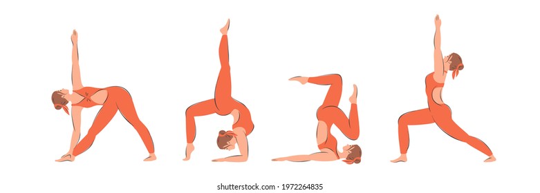 Yoga poses set. Collection of woman performing physical exercises. Character demonstrating various yoga positions isolated on white background. Healthy lifestyle concept. Flat vector illustration.