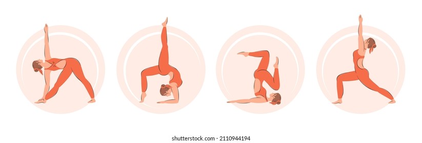 Yoga poses set. Collection of woman performing physical exercises. Character demonstrating various yoga positions isolated on white background. Vector illustration.
