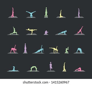 yoga poses set of colored silhouettes. Vector illustration on black background.