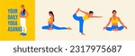 Yoga poses set editable vector illustration Young woman practicing Yoga pose. Women work out fitness and exercise for banner, social media, and email design vectors.