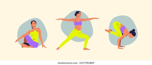 Yoga poses set editable vector illustration Young woman practicing Yoga pose. Women work out fitness and exercise for banner, social media, and email design vectors.