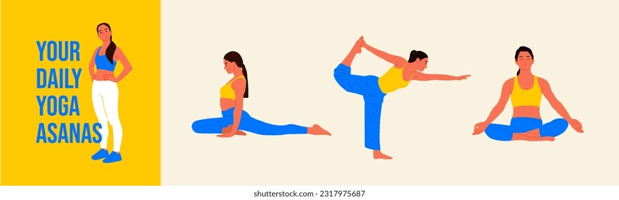 Yoga poses set editable vector illustration Young woman practicing Yoga pose. Women work out fitness and exercise for banner, social media, and email design vectors.