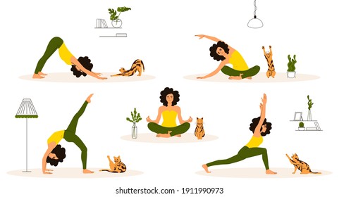 Yoga poses set. The girl is engaged in physical exercises with the cat at home. Flat vector illustration.