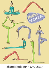 Yoga Poses - Set of hand drawn yoga poses and asanas, including Downward Facing Dog pose, Cobra, Tree, Bridge, Plow, Shoulderstand, etc