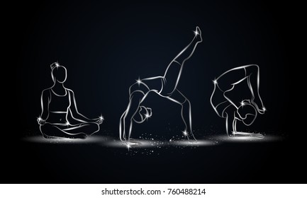 Yoga poses set. Metallic linear yoga illustration for sport banner, background and flyer.