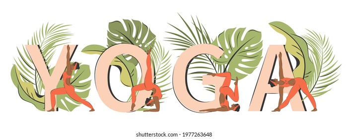 
Yoga poses set near letters. African-american woman doing various yoga exercises and stretching. Character demonstrating various yoga positions. Vector illustration in a flat style