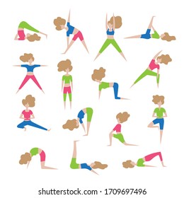 Yoga poses set on white background. Vector illustration. Flat design characters for poster, banner, web-design, sticker, booklet.