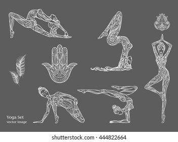 Yoga poses set. Ornament beautiful card. Yoga pose of woman single line, girl practicing yoga, tattoo, print and logo design, isolated vector illustration.