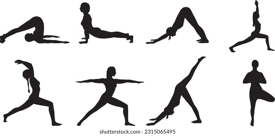 yoga poses set smiling girl character doing exercises