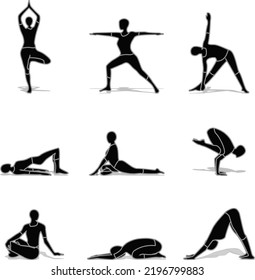 Yoga posa conjunto de ilustraciones de silueta vectorial diseño aislado en fondo blanco para gráficos de camisetas