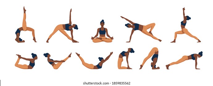 Yoga poses set. Woman practicing meditation and stretching. Healthy lifestyle concept. Flat cartoon vector illustration. svg