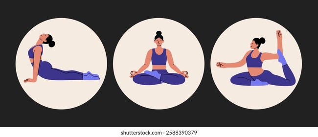 Yoga poses set. Woman practicing meditation and stretching. Flat minimalist illustration. Perfect for wellness blogs, fitness apps, meditation websites, and social media content.