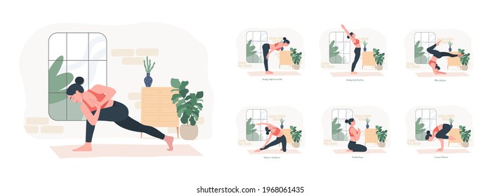 Yoga Poses Set. Young woman practicing Yoga pose. Woman workout fitness, aerobic and exercises. Vector Illustration.	