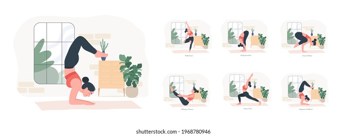 Yoga Poses Set. Young woman practicing Yoga pose. Woman workout fitness, aerobic and exercises. Vector Illustration.	