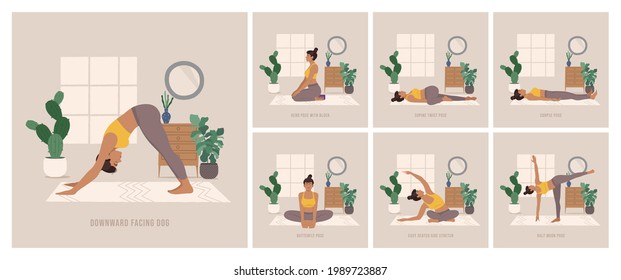 Yoga Poses Set. Young woman practicing Yoga pose. Woman workout fitness, aerobic and exercises. Boho style Vector Illustration.	
