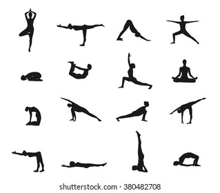  Yoga poses silhouette. Silhouette black Yoga set. Black silhouette of yoga pose. Yoga postures silhouette. Woman yoga silhouette vector illustration.