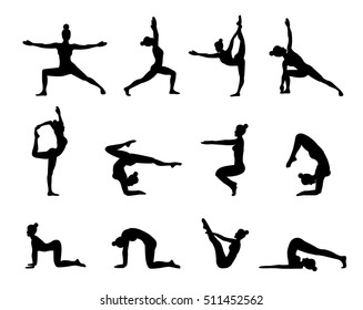 Yoga poses silhouette. Silhouette black Yoga set. Woman yoga silhouette vector illustration.