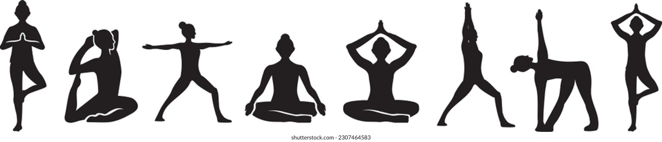 Yoga Poses Silhouette Editable Stroke Set Vector Relaxation, Spiritual Practice, Inner Peace, Inner Concentration,  Self-knowledge