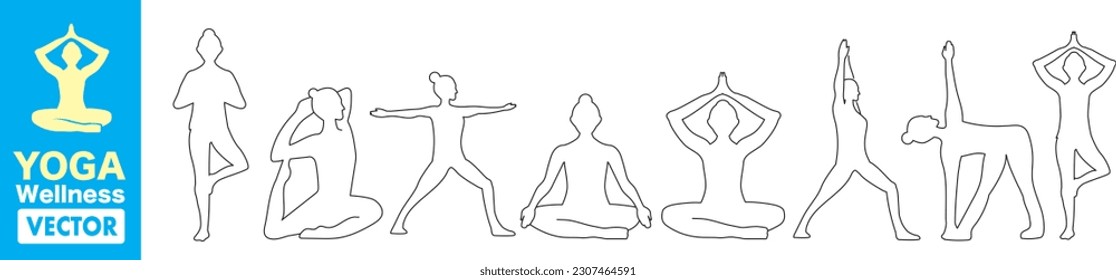 Yoga Poses Silhouette Editable Stroke Set Vector Relaxation, Spiritual Practice, Inner Peace, Inner Concentration,  Self-knowledge