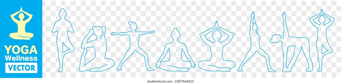 Yoga Poses Silhouette Editable Stroke Set Vector Relaxation, Spiritual Practice, Inner Peace, Inner Concentration,  Self-knowledge