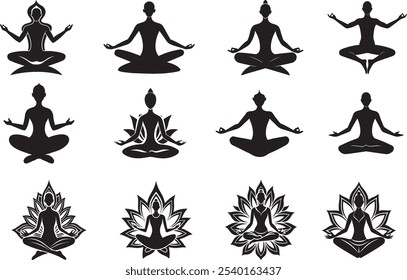 Yoga Poses Silhouette Editable Stroke Set Vector Relaxation