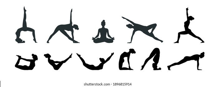 Yoga poses silhouette set. Woman practicing meditation and stretching. Healthy lifestyle concept. Black vector illustration isolated on white.