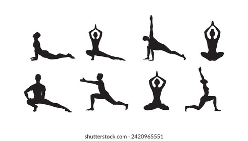 El yoga es una silueta. Deporte de acción de mujeres y hombres y ilustración vectorial del yoga. Buen uso para símbolo, logotipo, icono web, mascota, signo, pegatina. El trabajo, el bienestar y el concepto de salud.  