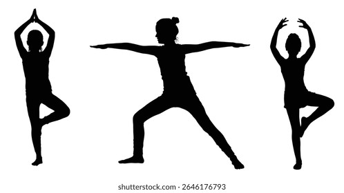 Yoga Poses Silhouette Tree Pose, Warrior II, and Dancer's Pose for Balance and Fitness	