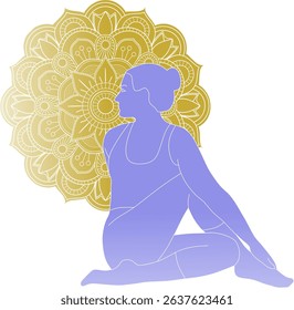 Yoga poses: Silhouette of woman in Seated Twist Pose, Half Lord Of The Fishes, Ardha Matsyendrasana, with a mandala. A colored vector illustration.