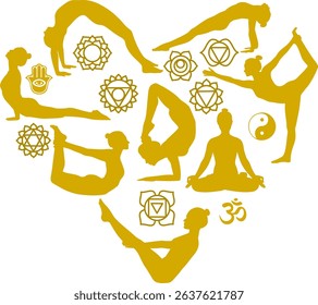 Yoga poses: Silhouettes of eight yoga poses and several yoga-related symbols arranged in the shape of a heart. Vector illustration.