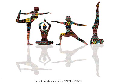 Yoga poses silhouettes with ethnic motifs pattern