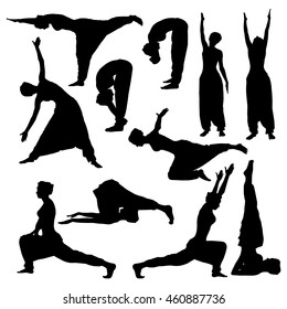 Yoga poses silhouettes. Girl in a turban and trousers doing different exercises.