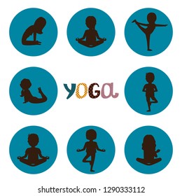 Yoga poses silhouettes icons vector of set. Kids yoga silhouette pose, sport and stretching illustration