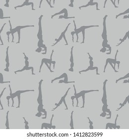 Yoga poses silhouettes seamless pattern. gray vector background